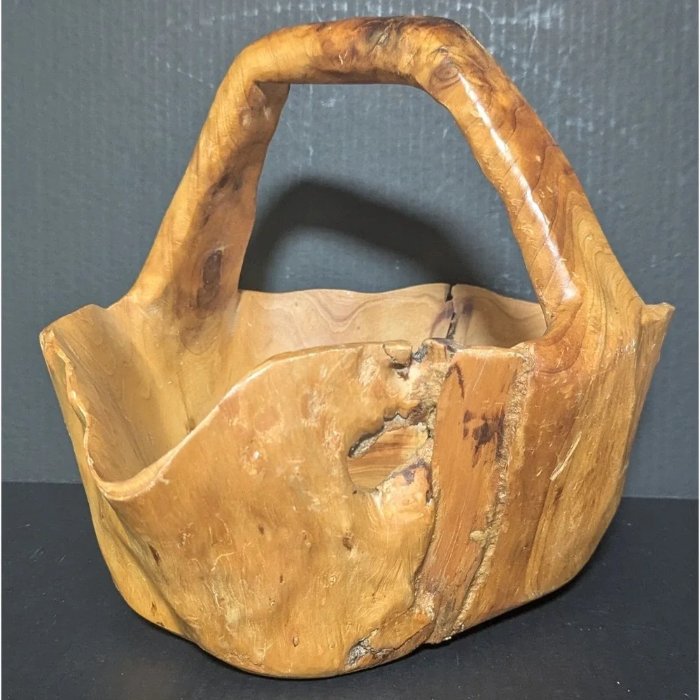 Vintage Hand Carved Burl Wood Rustic Wooden Basket with Handle So Much Character